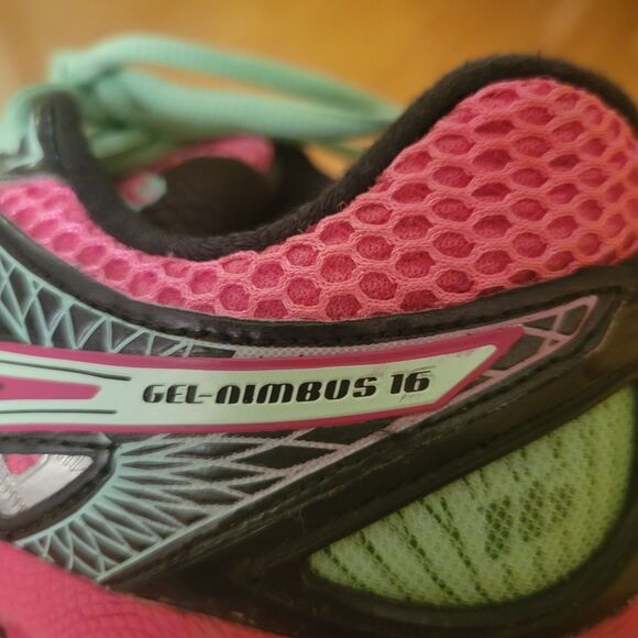 Asics Gel Nimbus 16 Pink Green Running Sneakers T485N Women Size 7,5 - Picture 9 of 16